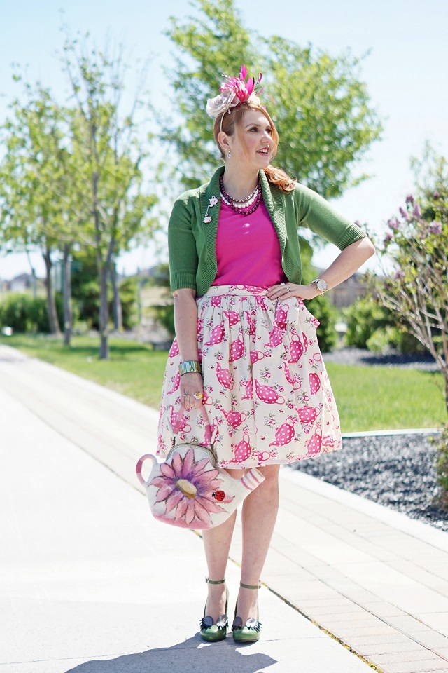 Winnipeg Canadian Fashion Stylist Consultant Blog, Chie Mihara Geraldine green eyelash leather shoes pumps, INC International Concepts green cropped cardigan, Roobys skirts pink teapot tea 50